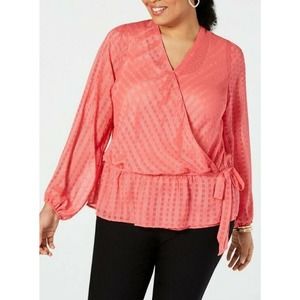 #617 INC Womens Faux-Wrap Ruched Textured Top Shirt Plus Polished Coral 0X
